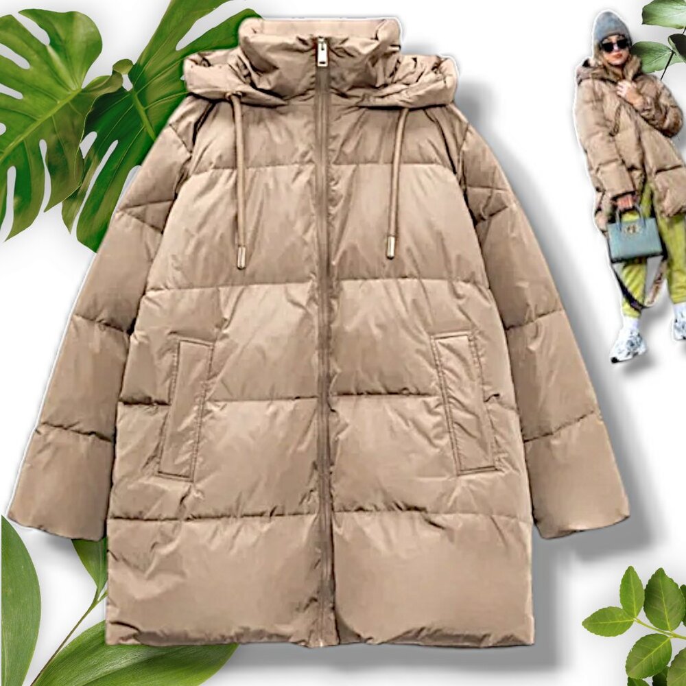 BNWT Zara Water and Wind Duck Down Coat in Taupe, Sz XS + S + M